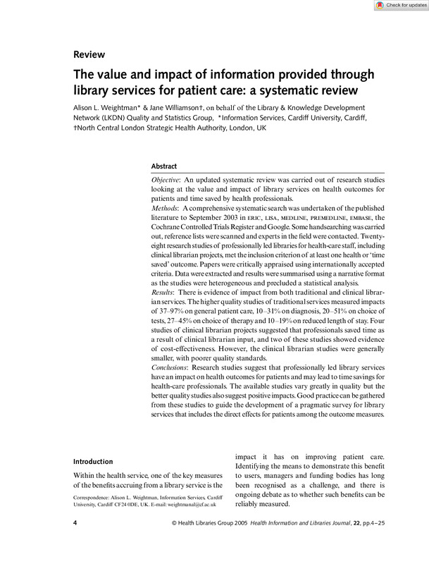 The value and impact of information provided through library services for patient care: a systematic review